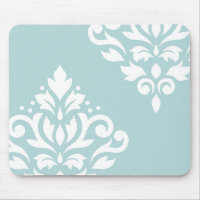 Scroll Damask Art I White on Duck Egg Blue