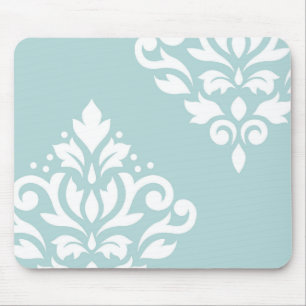 Scroll Damask Art I White on Duck Egg Blue Mouse Mat