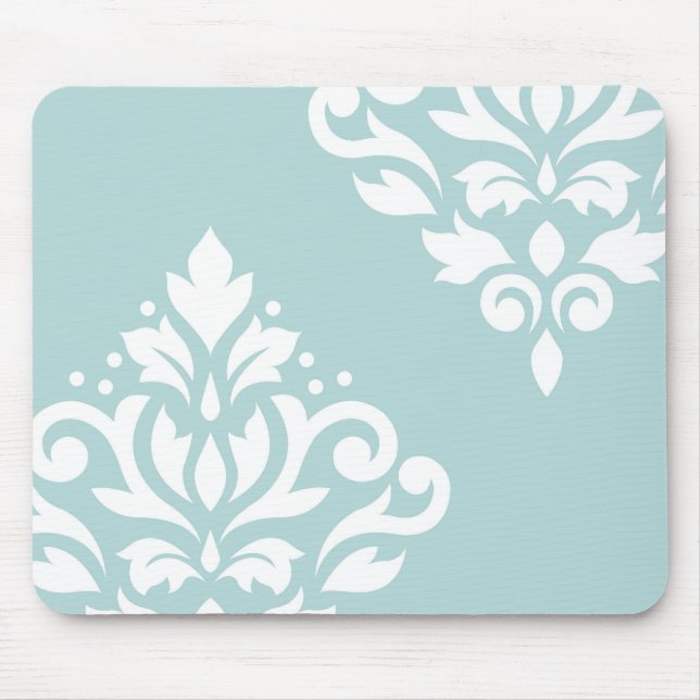 Scroll Damask Art I White on Duck Egg Blue Mouse Mat (Front)