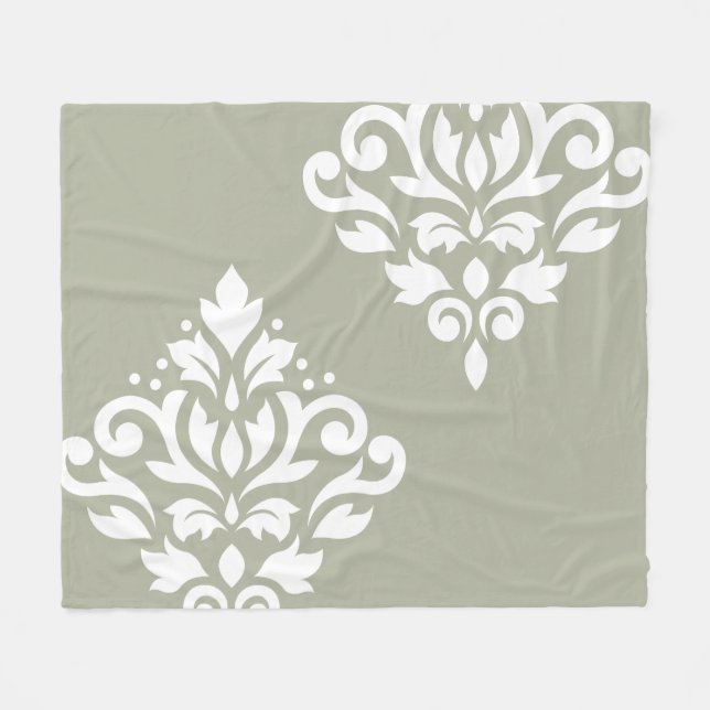 Scroll Damask Art I White on Green Fleece Blanket (Front (Horizontal))