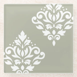 Scroll Damask Art I White on Green Glass Coaster