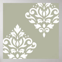 Scroll Damask Art I White on Green