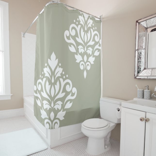 Scroll Damask Art I White on Green Shower Curtain (In Situ)