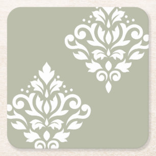 Scroll Damask Art I White on Green Square Paper Coaster