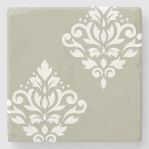 Scroll Damask Art I White on Green Stone Coaster