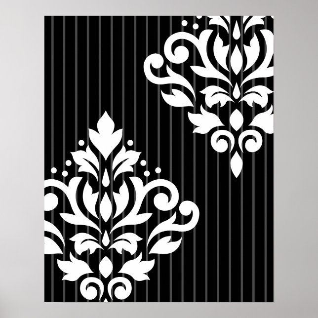 Scroll Damask Art I White on Grey Stripes & Black Poster (Front)