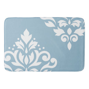 Scroll Damask Art I White on Light Blue Bath Mat