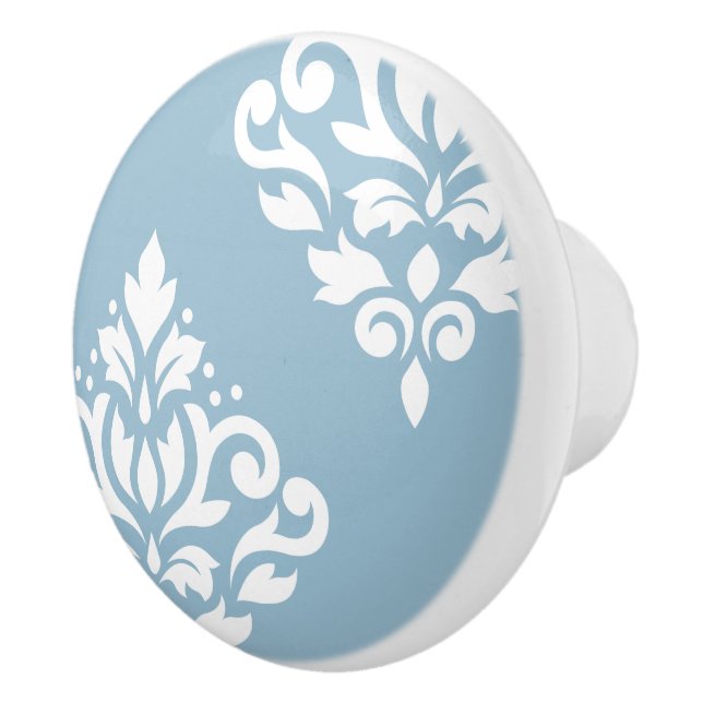 Scroll Damask Art I White on Light Blue Ceramic Knob (Right)