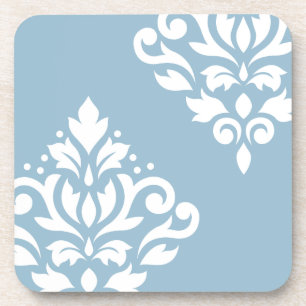 Scroll Damask Art I White on Light Blue Coaster