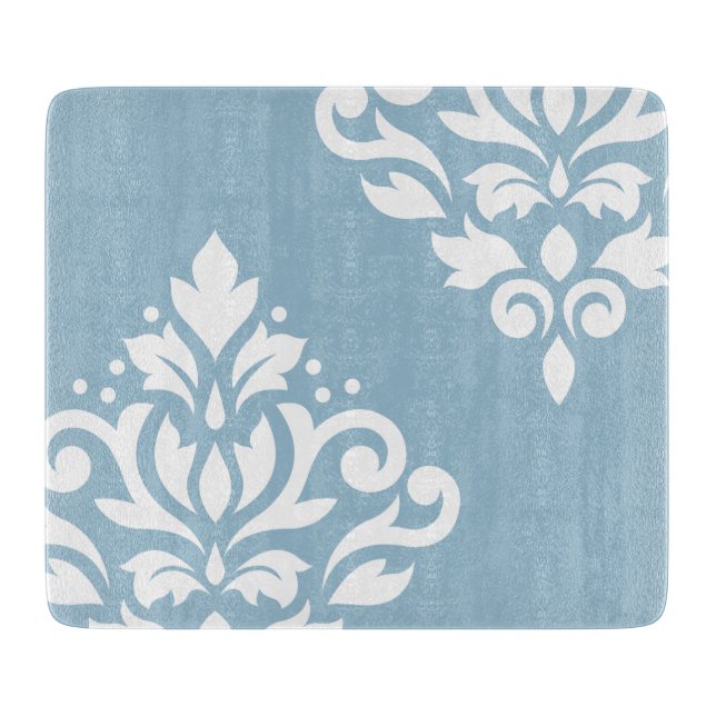 Scroll Damask Art I White on Light Blue Cutting Board (Front)