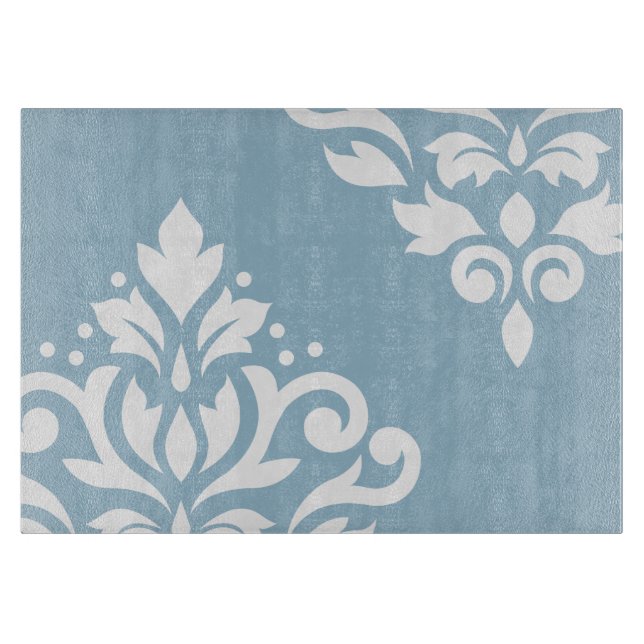 Scroll Damask Art I White on Light Blue Cutting Board (Front)