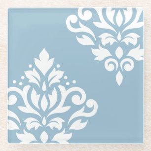 Scroll Damask Art I White on Light Blue Glass Coaster