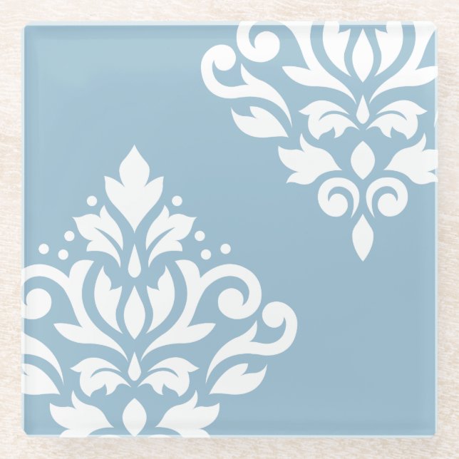 Scroll Damask Art I White on Light Blue Glass Coaster (Front)