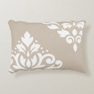 Scroll Damask Art I White on Light Taupe Decorative Cushion