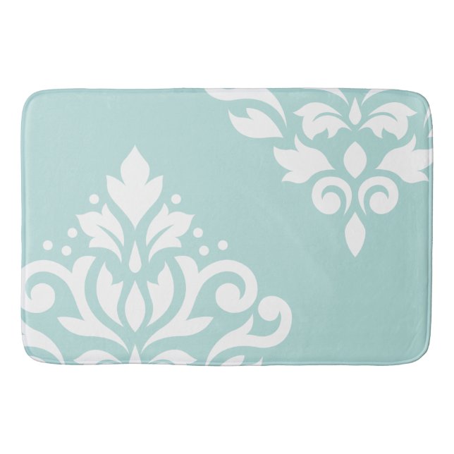 Scroll Damask Art I White on Light Teal Bath Mat (Front)