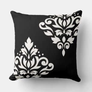 Scroll Damask Art Ib White on Black Cushion