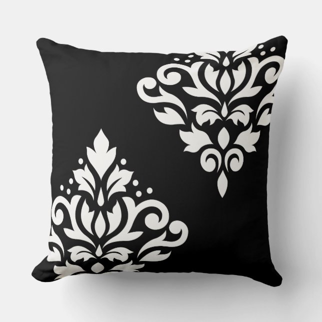 Scroll Damask Art Ib White on Black Cushion (Front)
