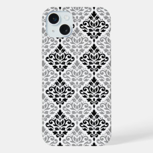 Scroll Damask Big Pattern Black Grey White iPhone 15 Plus Case