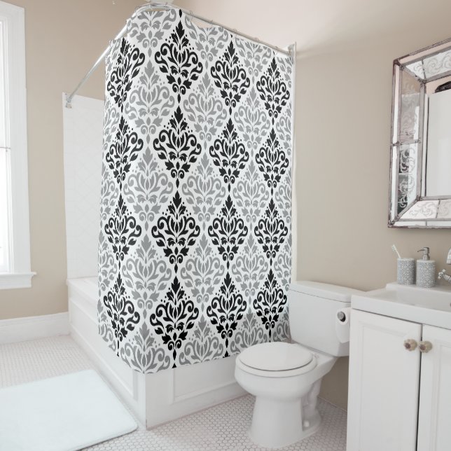 Scroll Damask Big Pattern Black Grey White Shower Curtain (In Situ)