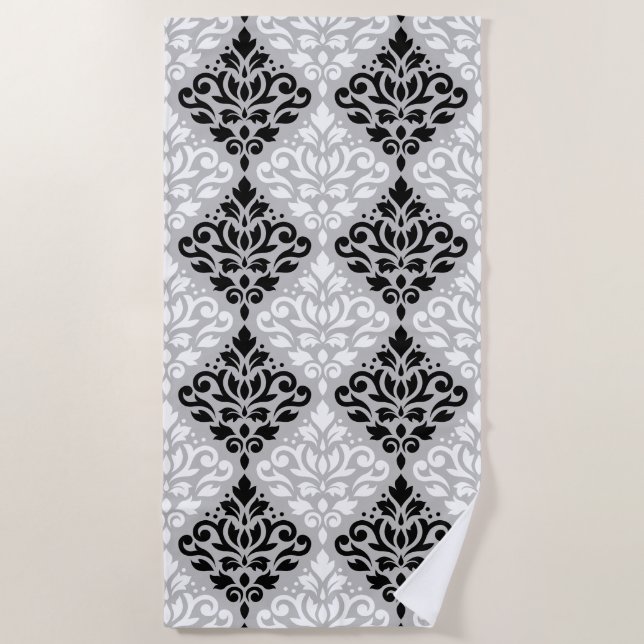 Scroll Damask Big Pattern Black White Grey Beach Towel (Front)