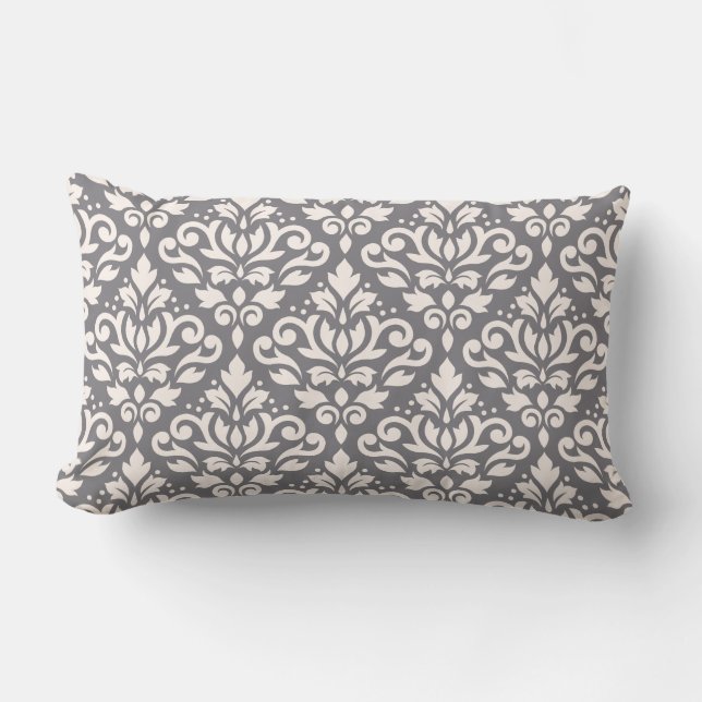Scroll Damask Big Pattern Cream on Grey Lumbar Cushion (Front)