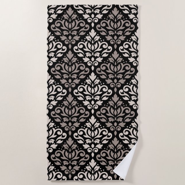 Scroll Damask Big Pattern Taupe Cream Black Beach Towel (Front)