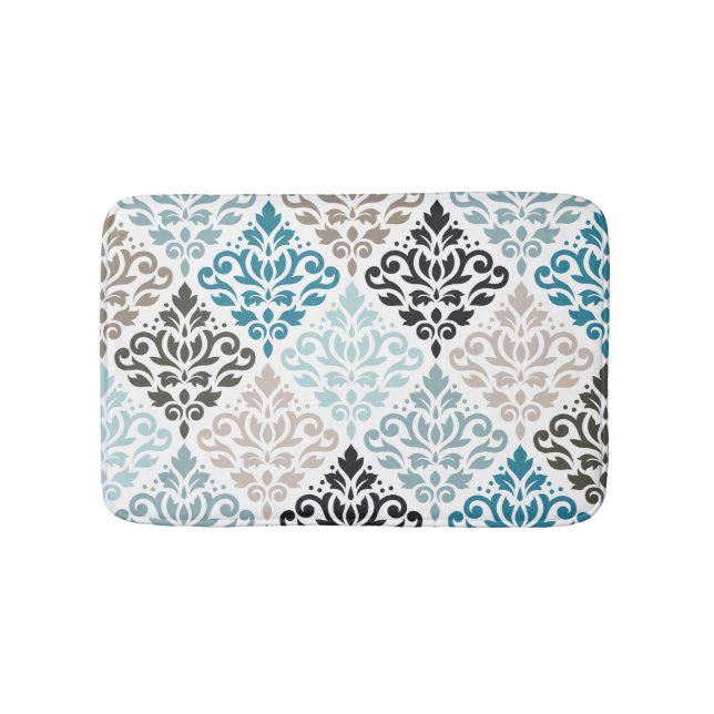Scroll Damask Big Pattern Teals Browns White Bath Mat (Front)
