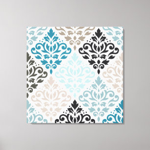 Scroll Damask Big Pattern Teals Browns White Canvas Print