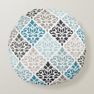 Scroll Damask Big Pattern Teals Browns White Round Cushion