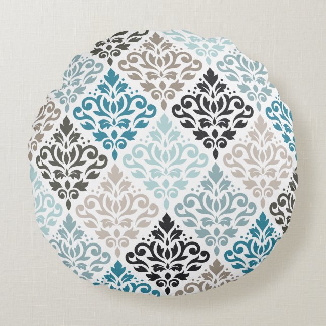 Scroll Damask Big Pattern Teals Browns White Round Cushion (Front)