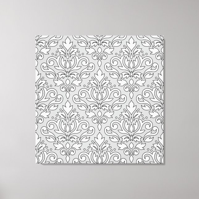 Scroll Damask Big Pattern White (Blk line) Grey Canvas Print (Front)