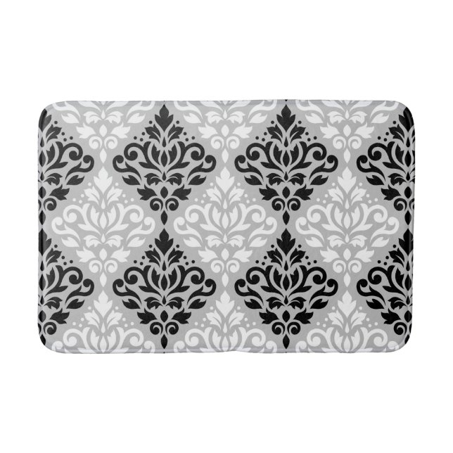 Scroll Damask Big Ptn B&W on Grey Bath Mat (Front)