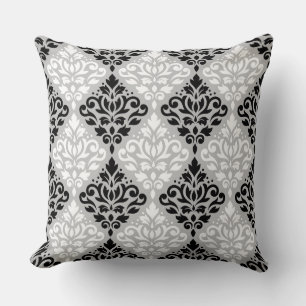 Scroll Damask Big Ptn B&W on Grey Cushion
