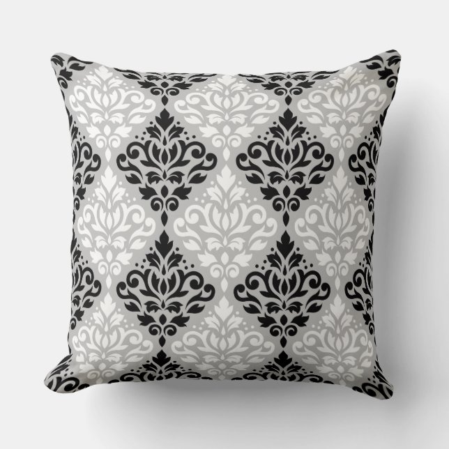 Scroll Damask Big Ptn B&W on Grey Cushion (Front)