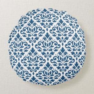 Scroll Damask Big Ptn Dk Blue on White Round Cushion