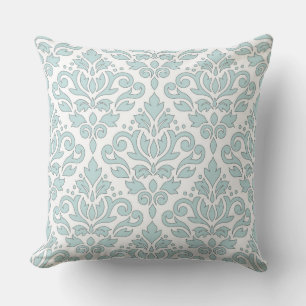 Scroll Damask Big Ptn Grey Line Duck Egg Blue Wt Cushion