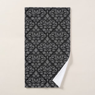 Scroll Damask Big Ptn Grey on Black Hand Towel