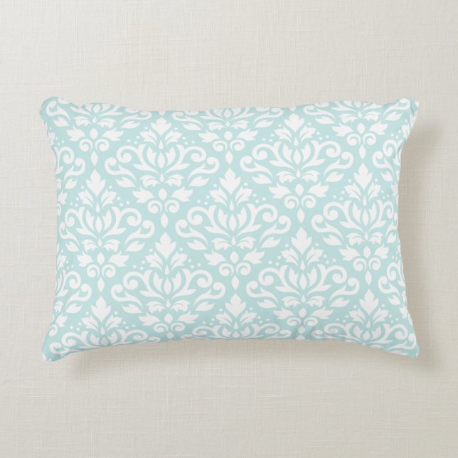 Scroll Damask Big Ptn White on Duck Egg Blue Decorative Cushion (Front)