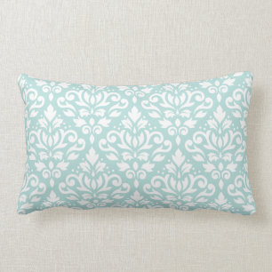 Scroll Damask Big Ptn White on Lt Teal Lumbar Cushion