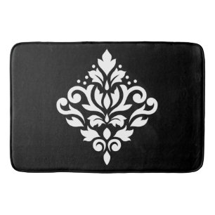 Scroll Damask Design White on Black Bath Mat