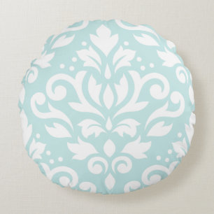 Scroll Damask Design White on Duck Egg Blue Round Cushion