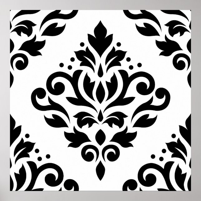 Scroll Damask Large Design (B) Black on White Poster (Front)