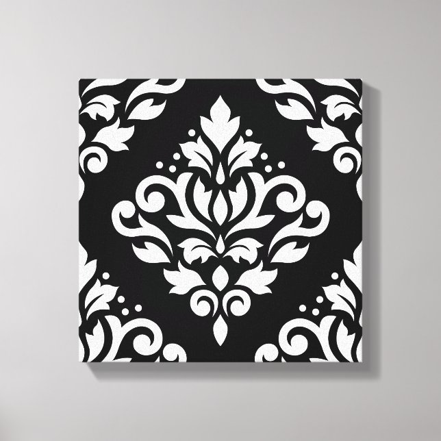 Scroll Damask Large Design (B) White on Black Canvas Print (Front)
