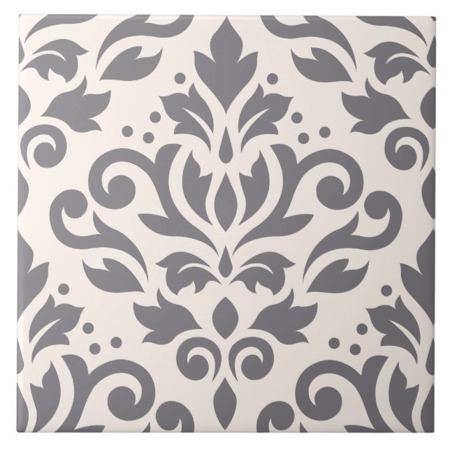 Scroll Damask Large Design Grey on Cream Tile (Front)