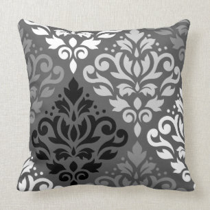 Scroll Damask Large Off-Set Ptn BW & Greys Cushion