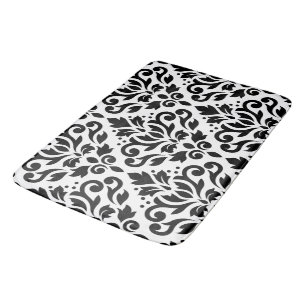 Scroll Damask Large Pattern Black on White Bath Mat