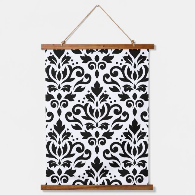 Scroll Damask Large Pattern Black on White Hanging Tapestry (Front)
