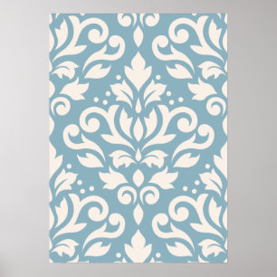 Scroll Damask Large Pattern Cream on Blue Poster