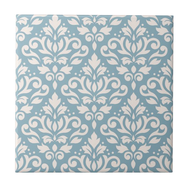 Scroll Damask Large Pattern Cream on Blue Tile (Front)