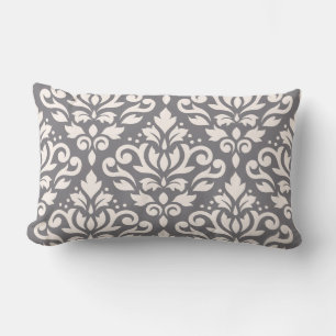 Scroll Damask Large Pattern Cream on Grey Lumbar Cushion